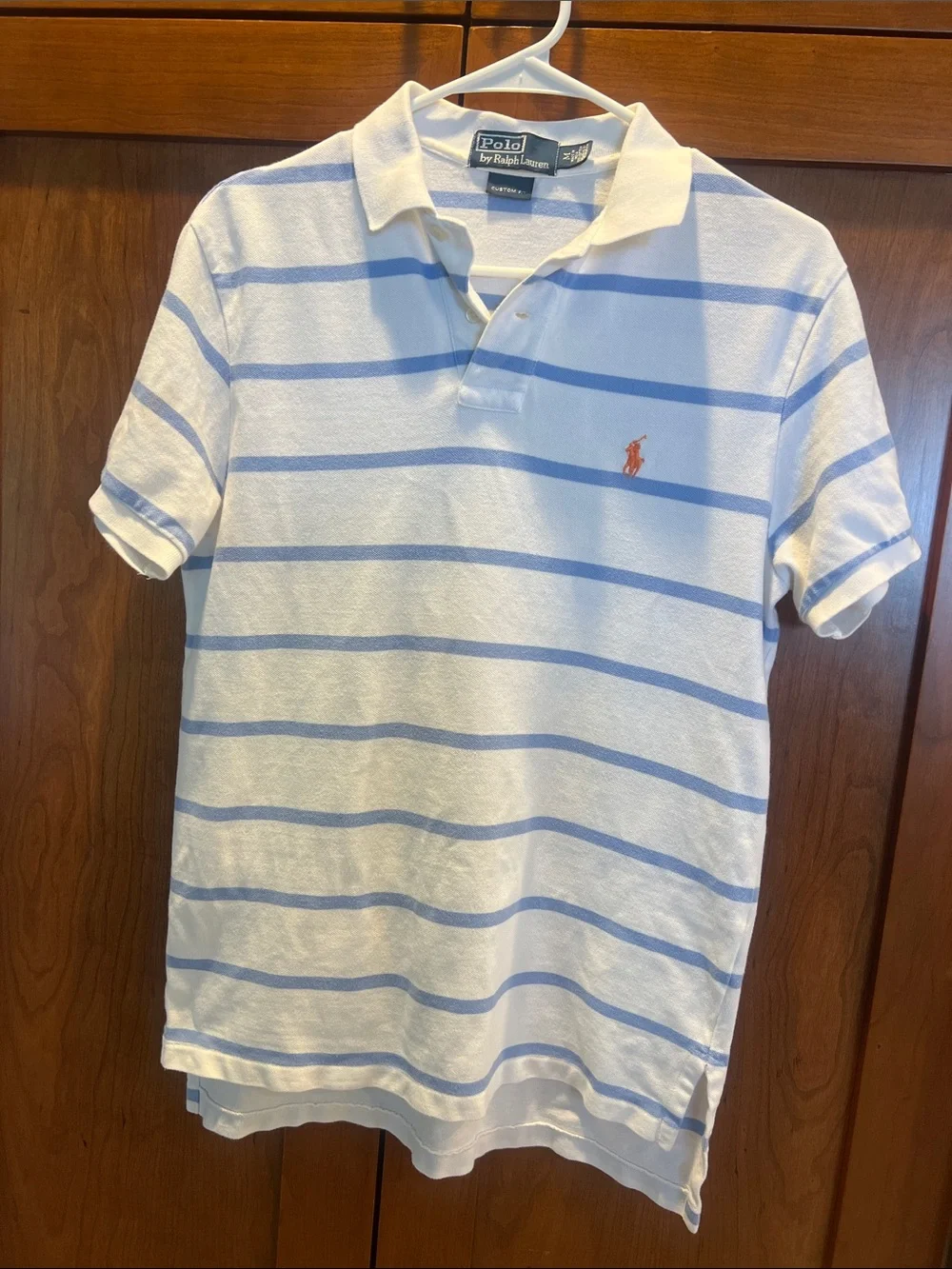 Polo by Ralph Lauren White Polo with Light Blue Stripes and Orange Logo